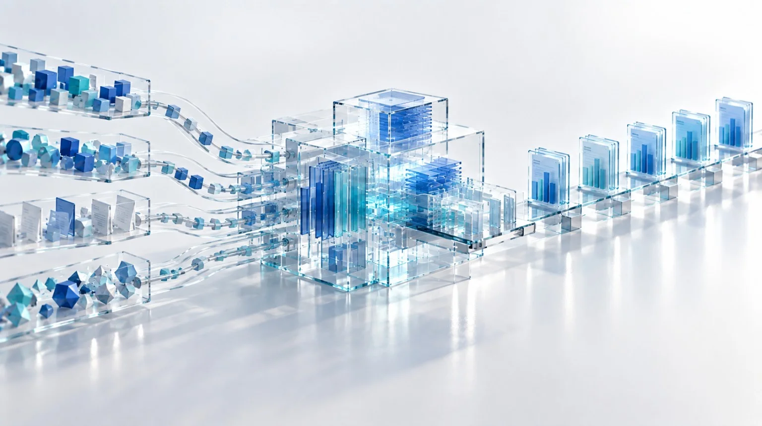 Visual of multiple data streams passing through a transparent reporting and automation system into structured reports