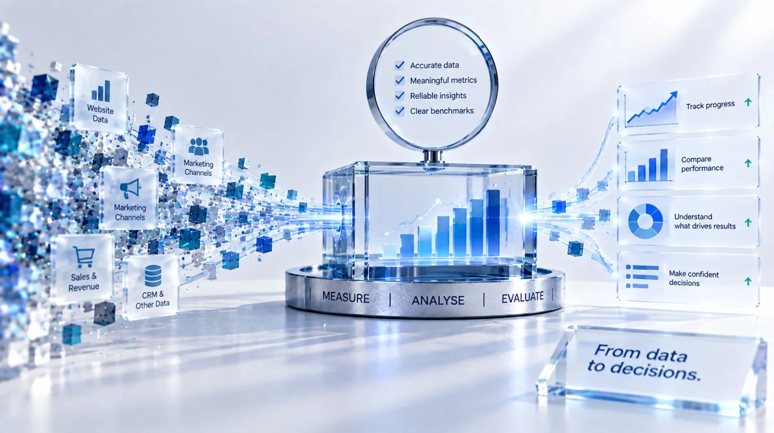 Visual showing website, marketing, sales and CRM data being measured, analysed and evaluated into reliable business decisions