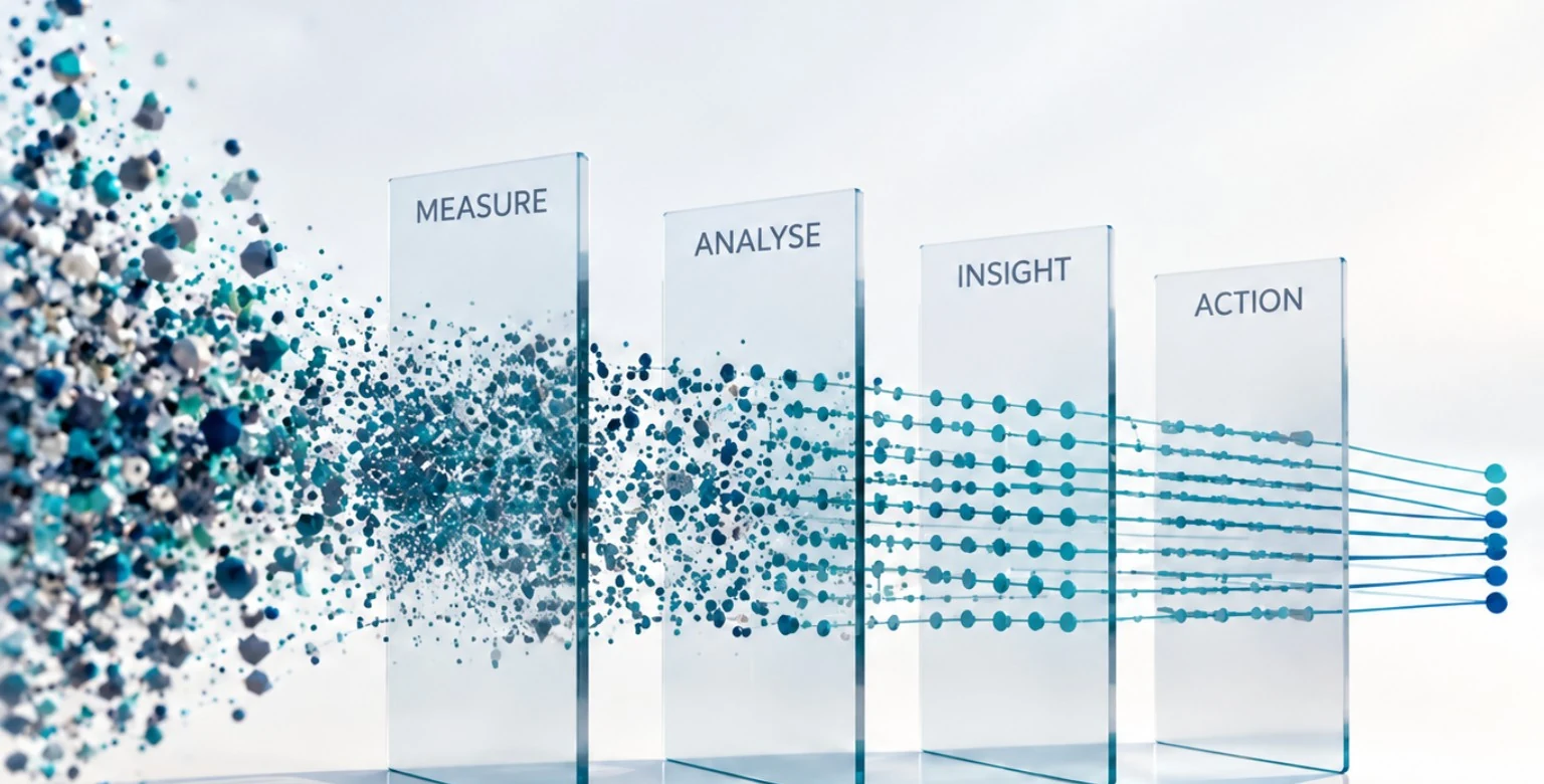 Abstract analytics process turning complex data into structured insight and action