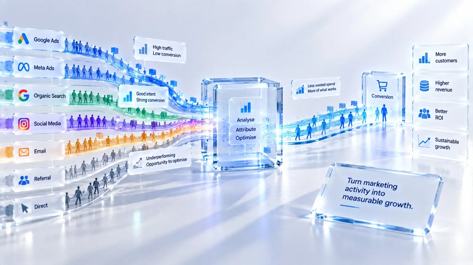 Visual showing paid, organic, social, email and referral traffic being analysed and optimised towards conversion and sustainable growth