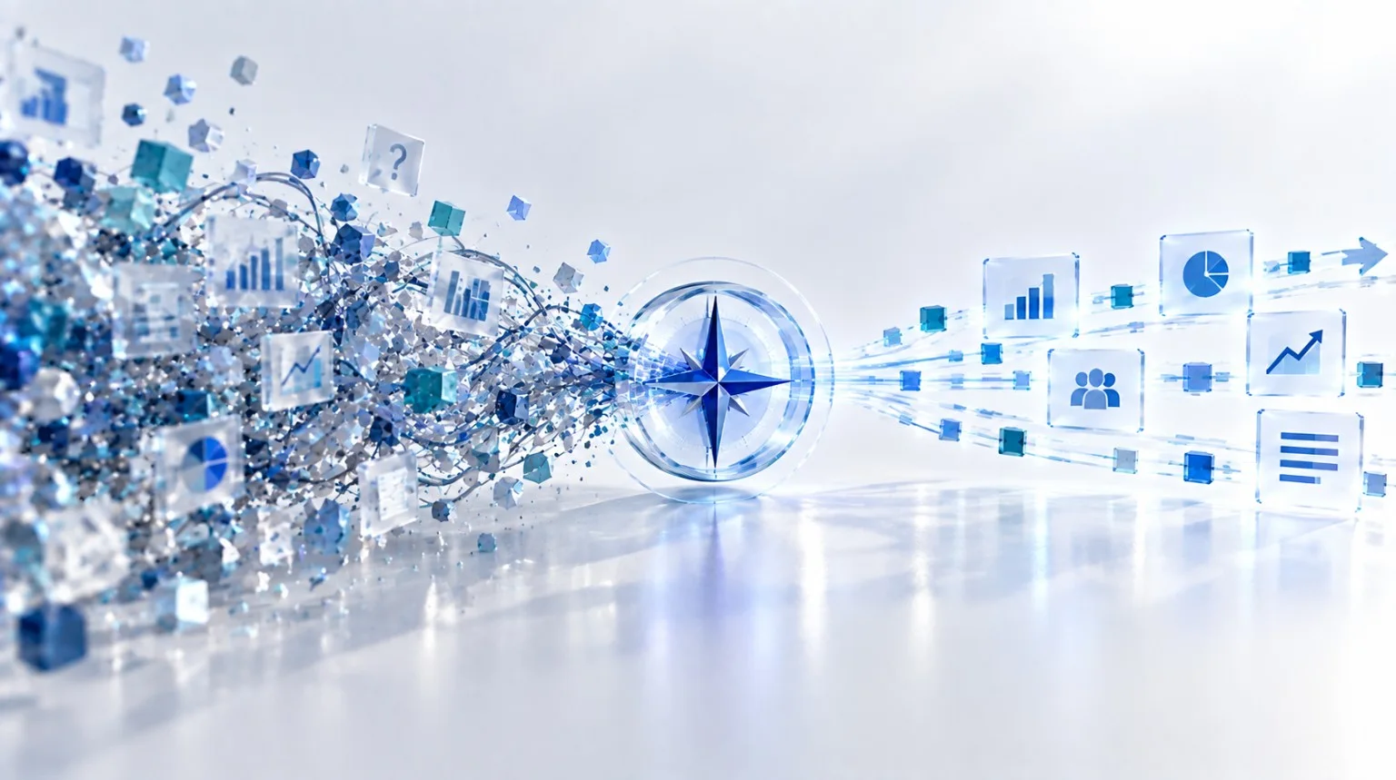 Visual of complex data converging on a compass and emerging as clear business signals